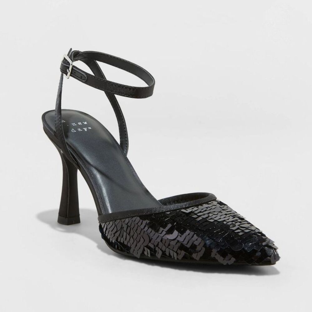 a new day Black Sequin Pointed-Toe Ankle-Strap Heels